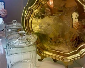 Crystal jar And brass platter with deer etchings