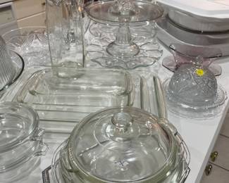 Footed and pedestal cake plates, Pyrex and Corning ware