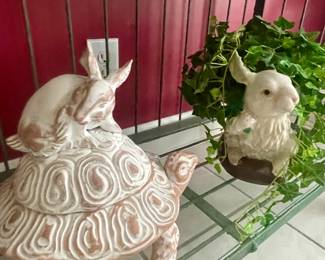 Ethan Allen’s Tortoise & Hare clay bowl with lid made in Italy and rabbit planter