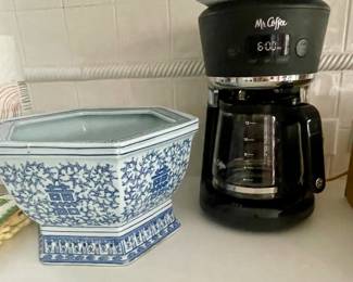 Blue and white planter and programmable 12 cup Mr. Coffee