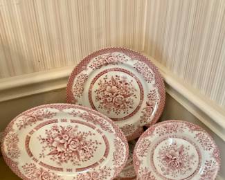 Vintage wood and sons, pink rose, dinner plates, salad plates, and serving piece 