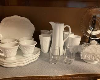 Rare Find  Milk Glass Luncheon Plates & Cups, Colony Harvest Grape Milk Glass Cooler Tumbler Set, Ironstone Ceramic Victorian Tall Pitcher & Square Compote Covered Candy Dish