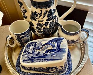 Spode cheese dish, vintage churchill England, blue willow large, coffee, pot, white, and cobalt