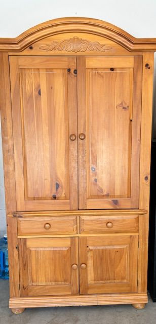 Pine tv armoire
11’ deep 
74’ high
41’ wide 