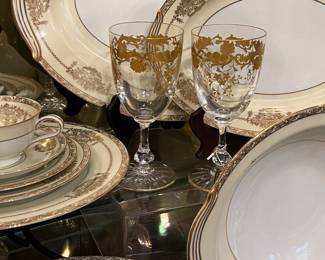 Noritake Bancroft Seven 12 piece place settings plus additional pieces Fine China - 60% off.  Pair of St. Louis Wine Glasses - 40% off