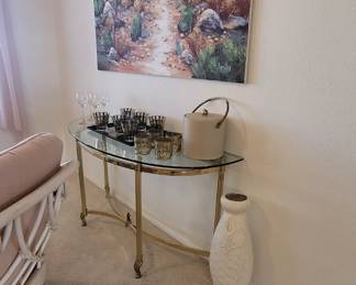 Mid Century Brass and glass console table with awesome Mid Century barware!