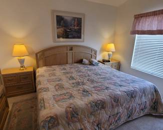 Mid Century Postmodern campaign style Stanley King bed with Boxspring and like new memory foam mattress! Matching nightstands, long dresser with triple bifold mirror and highboy! Also nice Postmodern lamps and other vintage lamps and wall art!