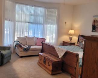 Mid Century post modern loveseat sofa and oak king slatted sleigh bed with Like new memory foam mattress, matching oak dresser with triple bifold mirror, matching nightstands and matching gentleman's highboy chest!
