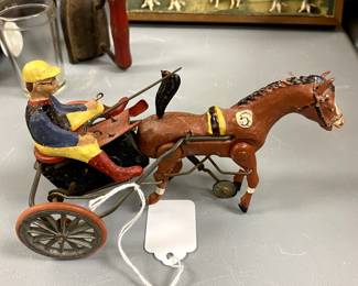 Early Tin Wind-Up Sulky and Rider