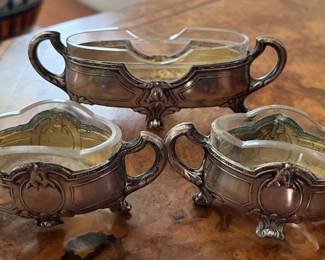 European 800 silver master salt and 2 individual salts with glass inserts