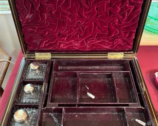 Nice interior: velvet and leather + crystal ink bottles with sterling lids