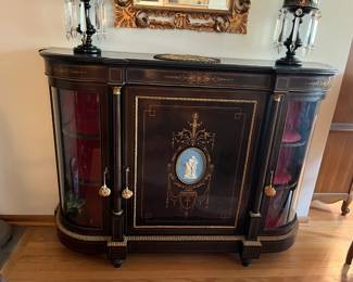 Antique Victorian ebonized credenza with inlay and Wedgwood style plaque + metal beading on edges (plaque is cracked)