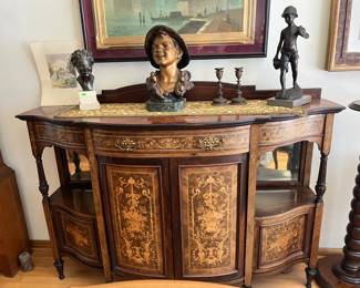 Top Quality 19th century Victorian burled walnut bow front credenza with extensive marquetry inlay. Key included