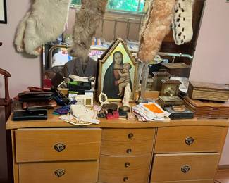 MCM blonde dresser (full bed frame in basement bedroom)