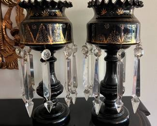 Antique Victorian amethyst glass lustres.  Small repair (see photo)