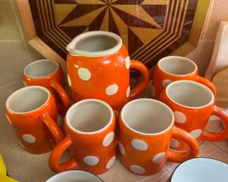 Sur La Table pottery jug + 6 mugs