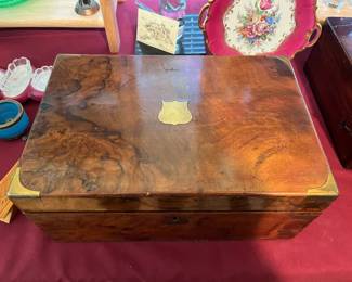 Another antique writing / document box with brass corners; burled walnut wood