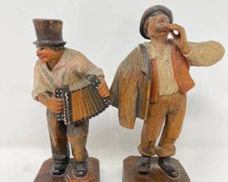 (2) Hand Carved Wooden Figures Playing Instruments