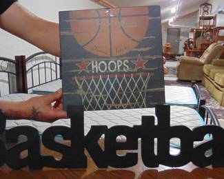  wooden picture and words written out - basketball both for $8  compare this to the price where it came from shown on back