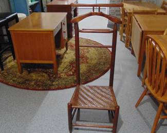 Antique chair with hanger and change or ring tray , old oak school desk  with dovetailed drawers along with some small butcher block table tops with chairs