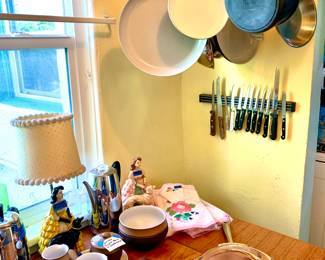 Cop-R-Chef All Clad copper skillets. Vintage placemats. Chalk Art Lady with Dog lamp and figurine, Denby vintage dish set
