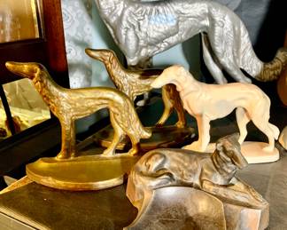 Bookends, Trinket Tray, Figures of Borzoi metals, porcelain and Aluminum