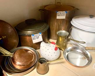 Antique Traditional Mani Household Greek Copper Steam Pot. Vintage Cordon Blue Bia French Copper Stock Pot. White enameled lidded stock pot