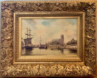 A. Delton antique oil on board original with heavy ornate gilded gold frame. Magnificent 