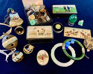 Antique Enameled Sleigh Bells and Bells, Antique Buttons, MOP hand painted scene pin, Jade and Jadeite bangles, Malachite egg, Hand painted Lacquer boxes