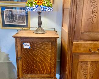 Tiffany style lamp with a wonderful oak antique small cabinet