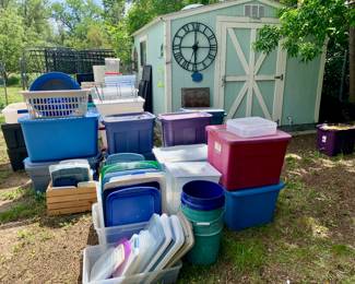 Shed and plastic bins