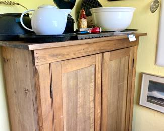 Vintage Pie cabinet. Cast iron kettle, biscuit cast iron skillet. Vintage ice pick
