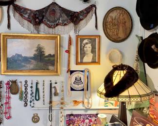 Edwin Cole original oil painting, fur collar, Needle point picture, Beaded Shawl Collar, Tin Telephone sign