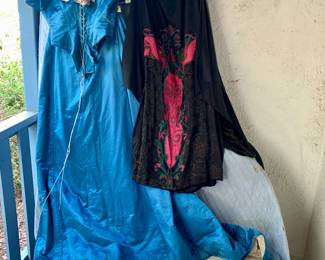 Embroidered early 1900's black dress, 1880 2pc aqua colored corset and skirt