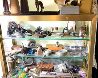 All types of collectibles, Cast iron sprinkler heads, Exotic Rocks, Vintage leather bound box, Dachshund metal pipe holder 