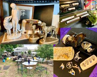 vintage figurine girl and dog, 50's radio, Marklin mini club trains, Sterling Silver jewelry, bronze and brass jewelry, Tray for dice and playing cards.