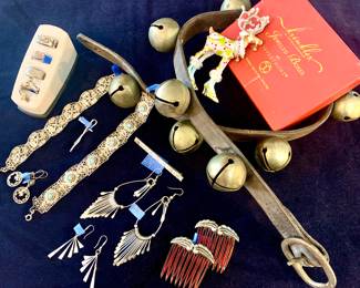 Antique Sleigh Bells, Sterling Silver and 800 Silver and Turquoise bracelets. Krinkles Jeweled Box