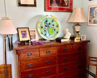 Mission style all wood dresser beautiful condition, Peacock painted plate. Stephen Klein Borzoi ink print