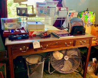 Leather top vintage wood Desk, Industrial metal fan, misc office items