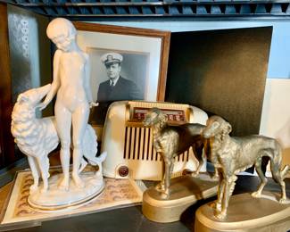 Metal Borzoi Dog bookends, Borzoi sheet of stamps, Naked Girl with Dog Hutschenreuther. Picture of Art Grosheider artist