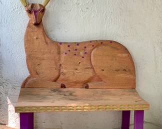 Wood Hand Carved Deer Bench