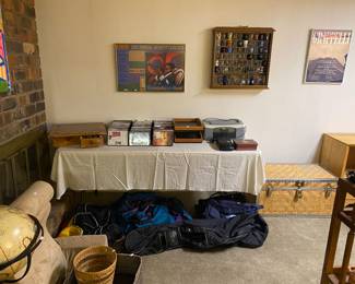 D D’s and chess board, collection of shot glasses, wicker trunk and more bags