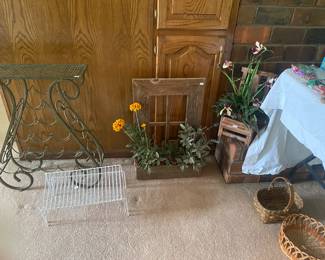 Wine rack, floral decor, baskets