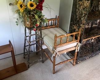 sm bench, plant stand and floral arrangement