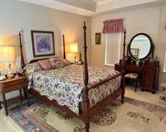 Vintage Full-Size Poster Bed with Matching Dresser & Mirror, Vanity with Mirror and Bench and Pair of Two-Tier Night-Stands