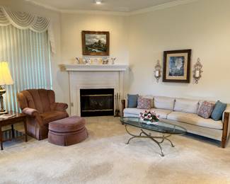 Vintage Sofa, Glass Topped, Brass Cocktail Table, La-Z-Boy Chair and Ottoman, Pair of Heritage End Tables