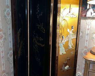 Vtg Asian Lacquer Carved Stone Geisha Shoji Screen