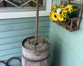 Antique wooden butter churn: metal banded, wooden plunger & lid