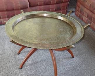 Large brass tray with wood base