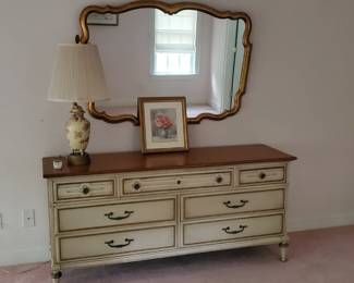 7 drawer French painted dresser and large gold framed mirror